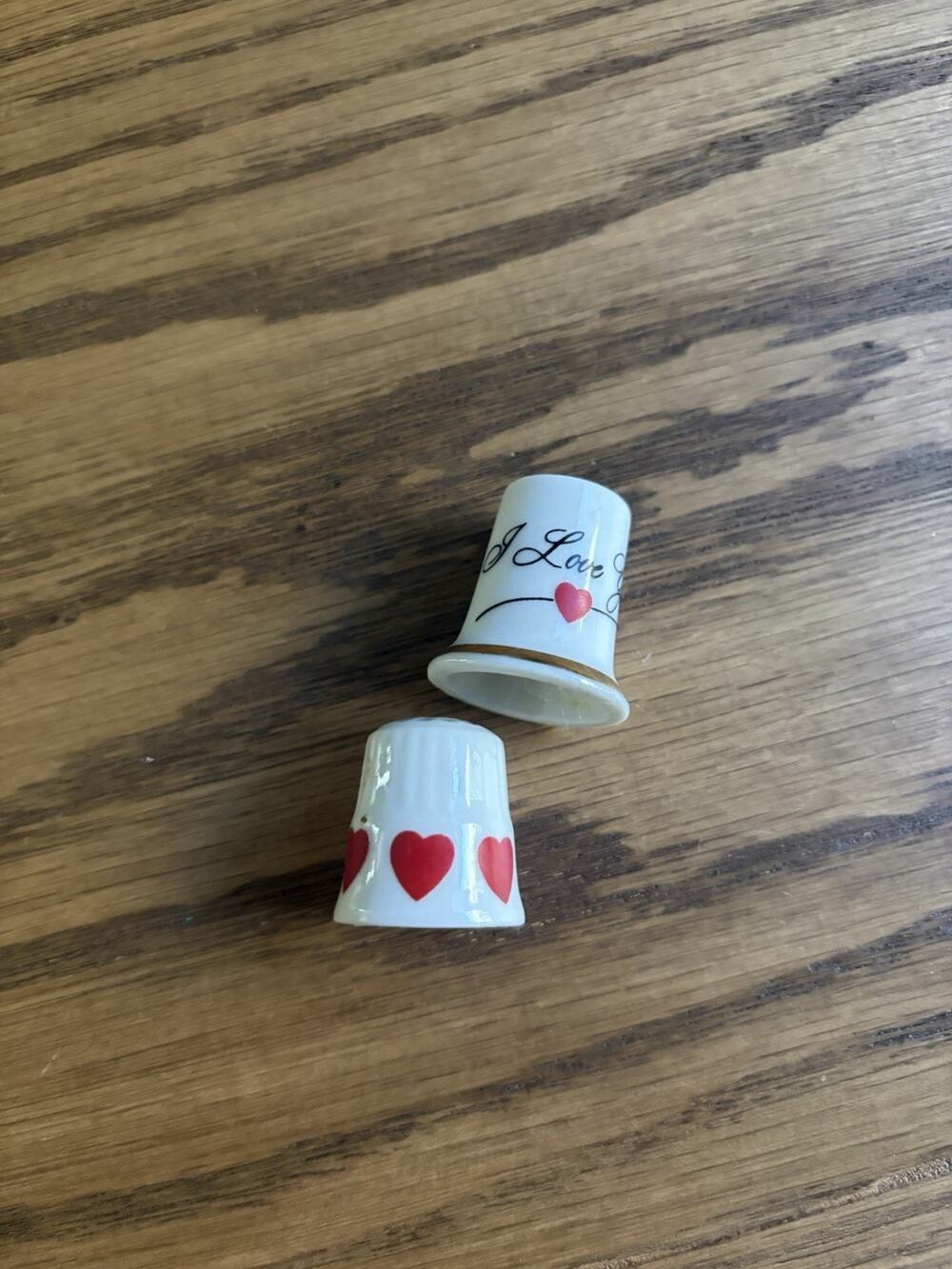 Vintage Thimbles Porcelain I Love You Red Heart Thimbles Set of 2 Trinkets